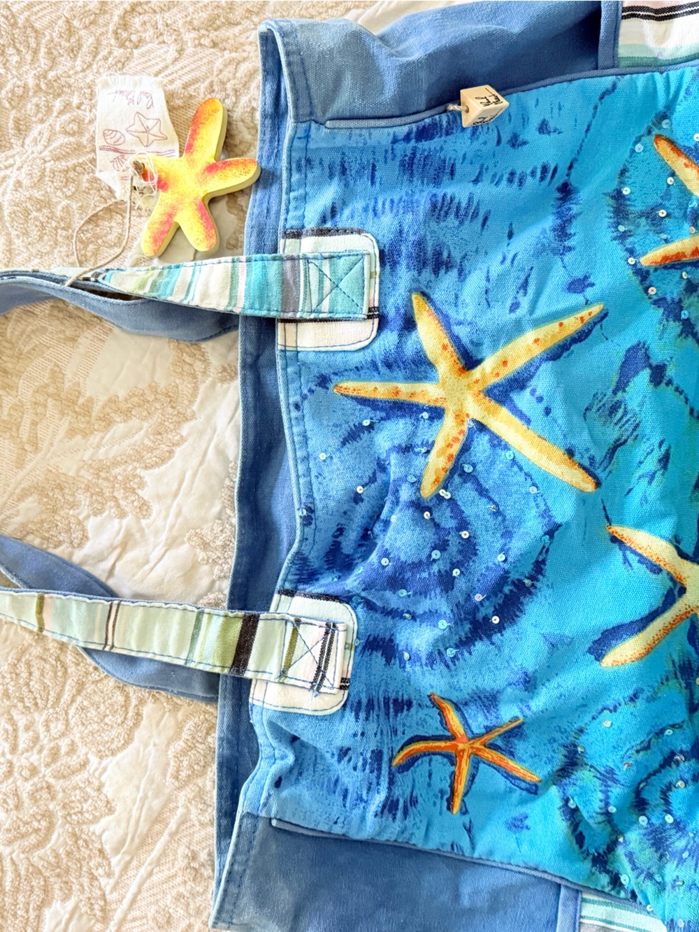 Paul Brent Light Blue and Yellow Starfish Beach Tote
